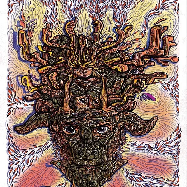 Psychedelic illustration of a symmetrical, multi-eyed totemic mask with branching horns and bold line work