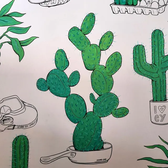 Mural featuring bold green cacti in a frying pan alongside black-and-white line art of everyday objects