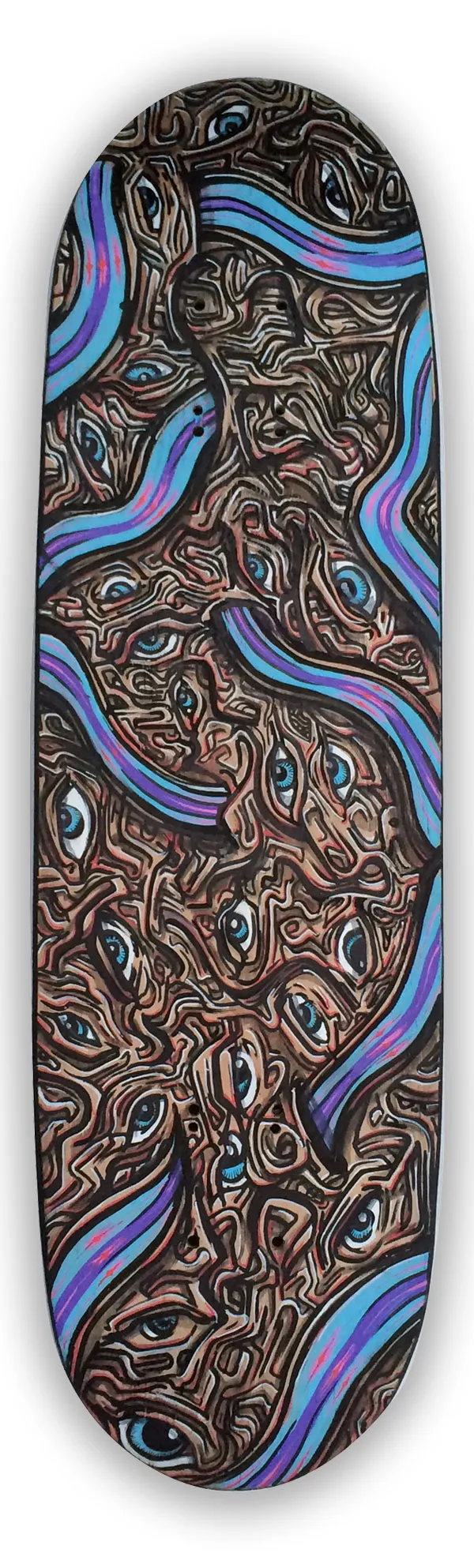 Painted skateboard deck featuring a swirling brown pattern filled with blue eyes and flowing blue and purple ribbons