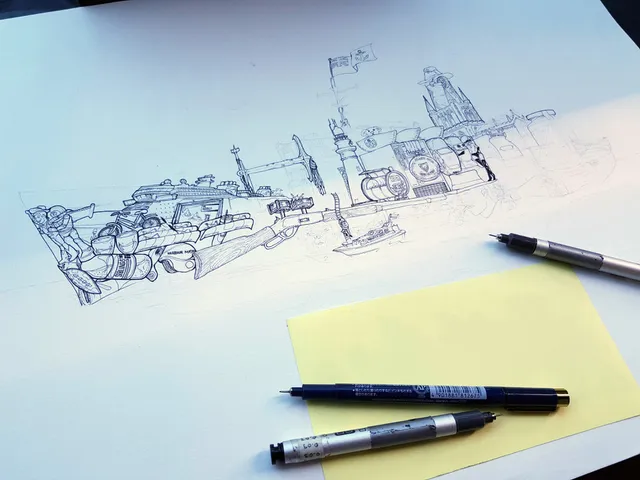 Ink drawing in progress of a detailed harbour scene shaped like a rifle, with three pens resting on the paper