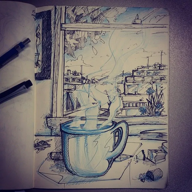 Sketchbook page with a blue and black ink drawing of a steaming mug by a window overlooking a cityscape