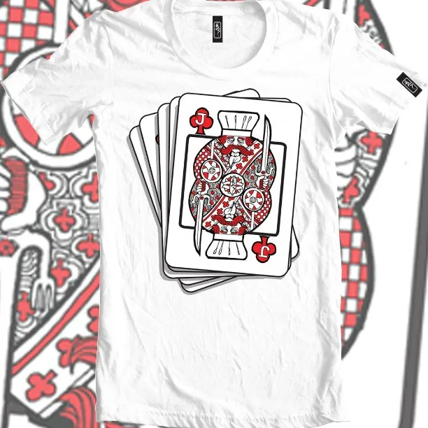White t-shirt featuring a bold red and black illustration of a Jack of Clubs playing card holding a sword