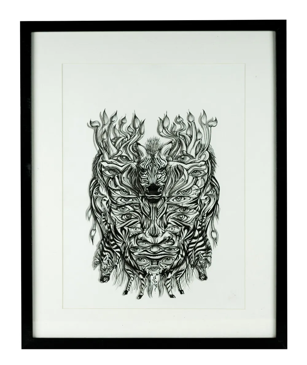 Framed black and white ink drawing of a symmetrical, totemic face composed of multiple eyes and zebra heads