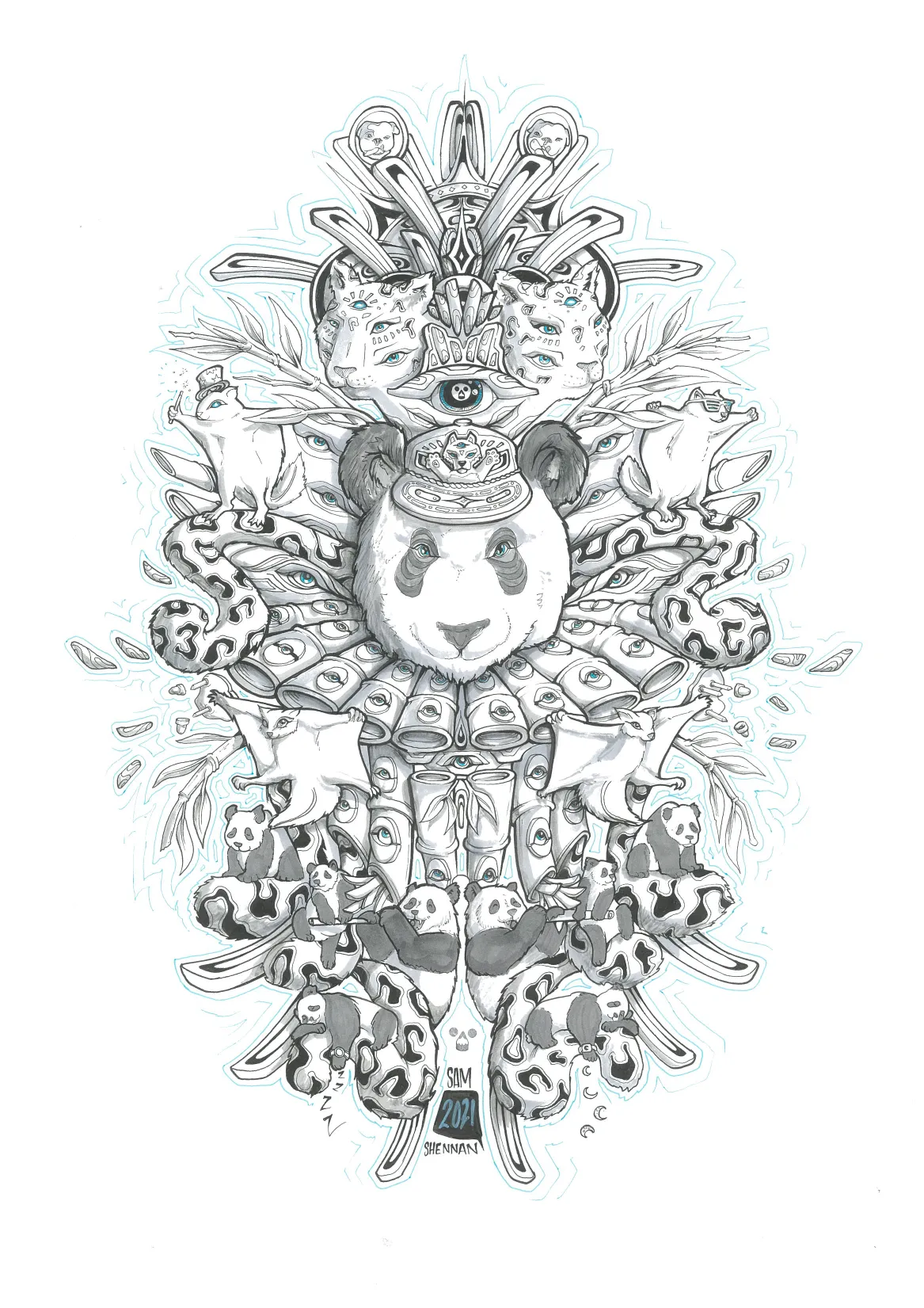 Symmetrical line illustration of a totemic panda mask surrounded by snow leopards, snakes, bamboo and floating eyes