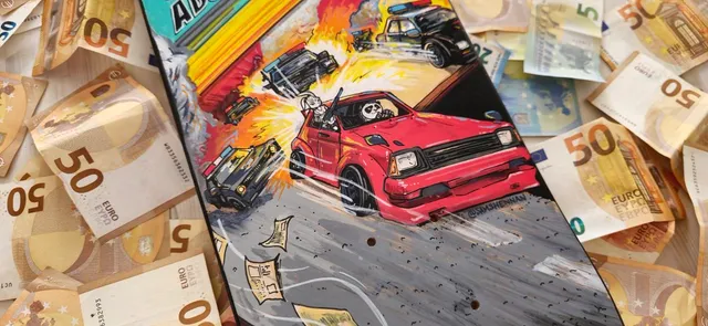 Painted skateboard showing a panda and rabbit in a red car escaping a fiery police chase, resting on 50 Euro notes