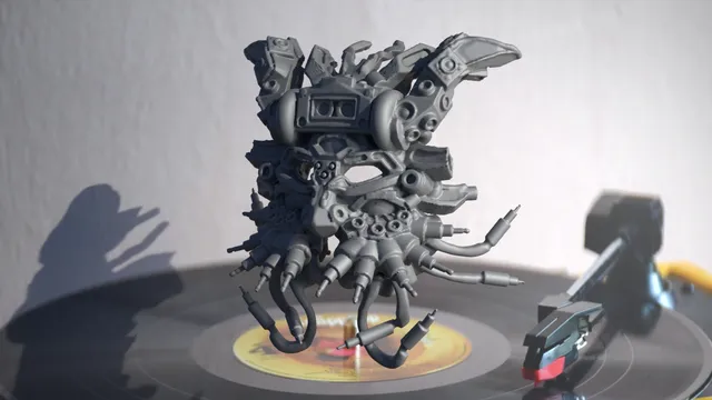 3D sculpt of a symmetrical cybernetic mask with hanging audio jacks floating above a turntable