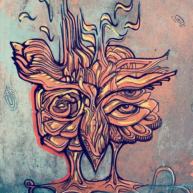 Psychedelic illustration of a totemic bird mask with multiple eyes and bold, flame-like line work