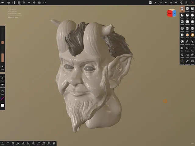 Digital 3D sculpt of a horned and bearded gnome bust displayed in a 3D modeling software interface