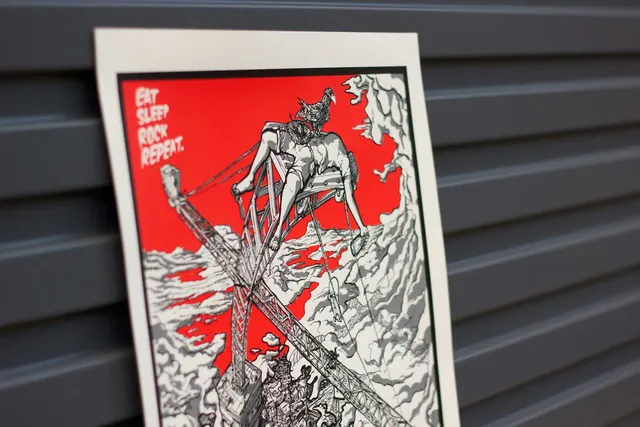 Hand Printed Screenprint, on display in front of garage roller door