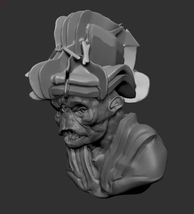 3D digital sculpt of a monstrous merchant bust wearing a large layered hat