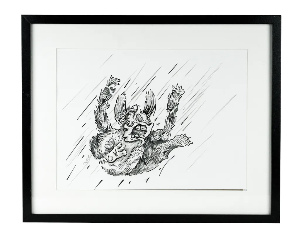 Framed ink drawing of a panicked furry creature falling rapidly amidst diagonal motion lines