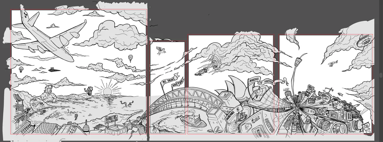 Multi-panel line art sketch of a stylized Sydney cityscape featuring the Harbour Bridge, Opera House and an airplane
