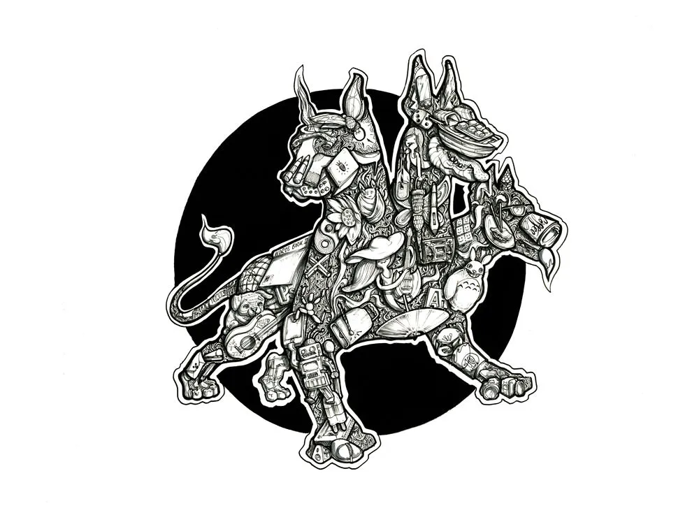Cerberus illustration artwork intricate black and white surrealism