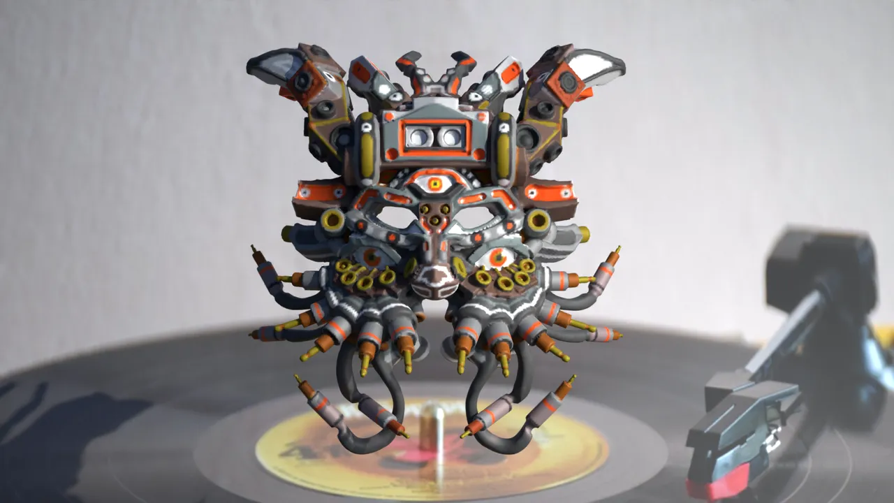 3D render of a symmetrical, totemic mechanical mask with multiple eyes floating above a vinyl record player
