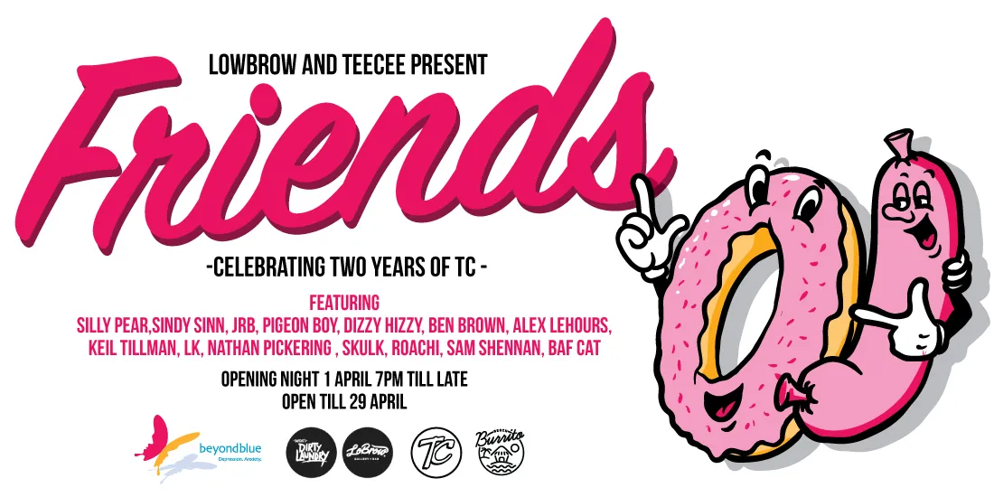 Promotional flyer for Friends exhibition featuring event text and cartoon illustrations of a pink donut and sausage