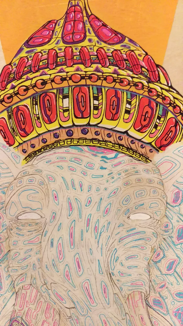 Psychedelic illustration of an elephant with swirling blue and pink skin patterns and a vibrant geometric crown