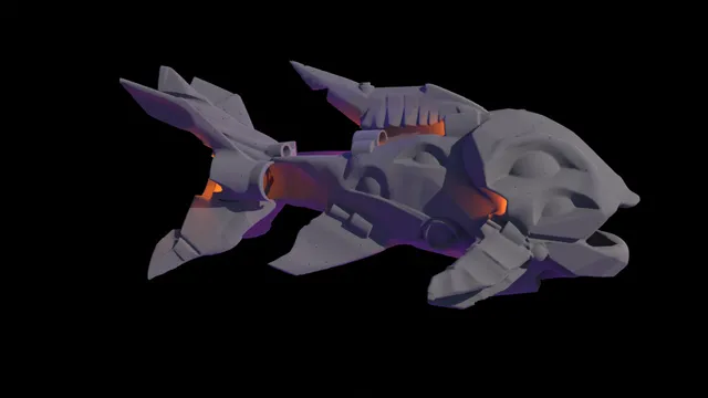 3D render of a robotic fish with segmented grey armor and glowing internal orange lights