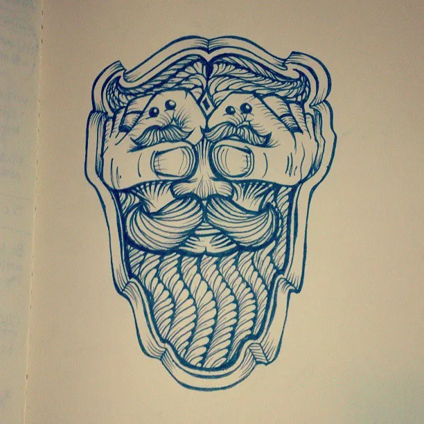 Blue ink drawing of a symmetrical bearded face with hands covering the eyes, the knuckles forming tiny faces