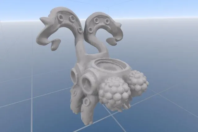 Untextured 3D sculpt of a surreal bug creature with curled antennae, tentacle legs, and clustered compound eyes