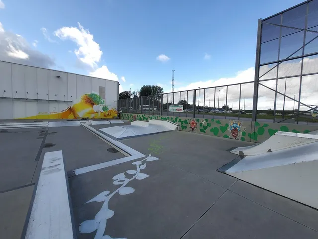 Skate park featuring a hops wave mural on a building, with vines and totemic faces painted on concrete surfaces