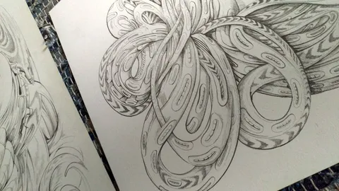 Detailed pencil drawing of an abstract knot of thick, swirling, patterned hair-like strands