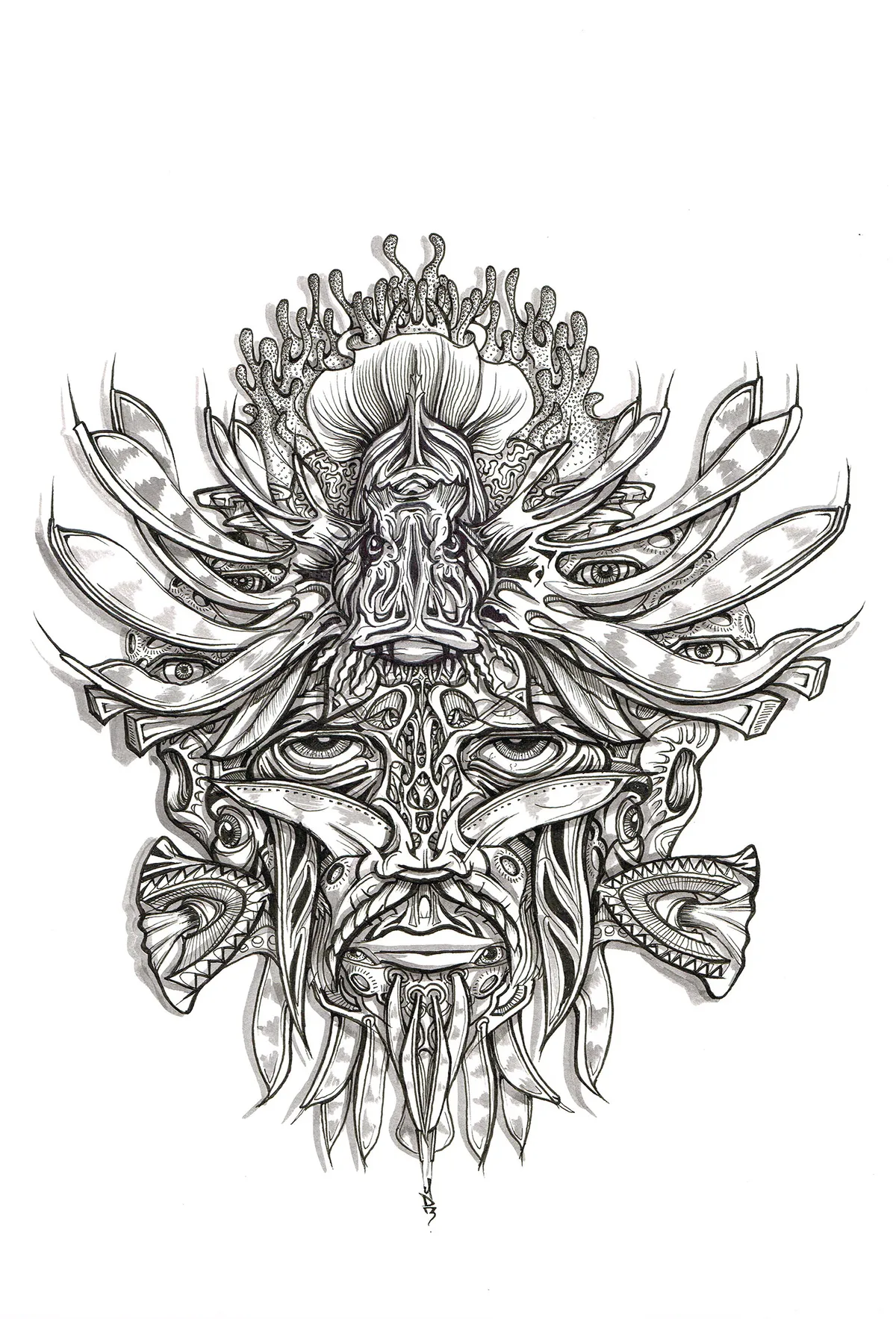 Black and white ink drawing of a symmetrical, psychedelic totemic mask blending human and aquatic animal features