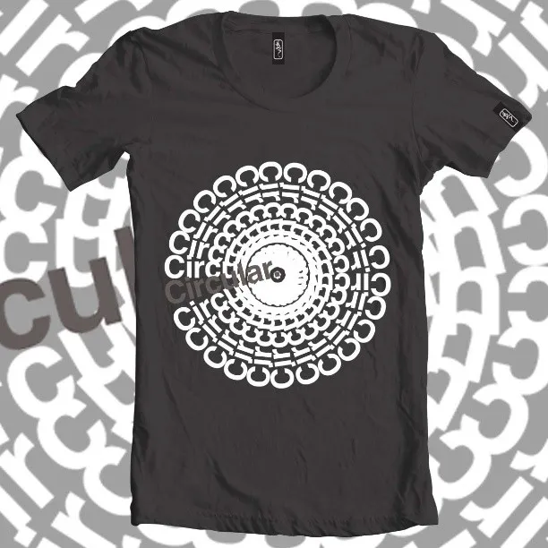 Dark grey t-shirt with a white circular graphic formed by the repeating word Circular