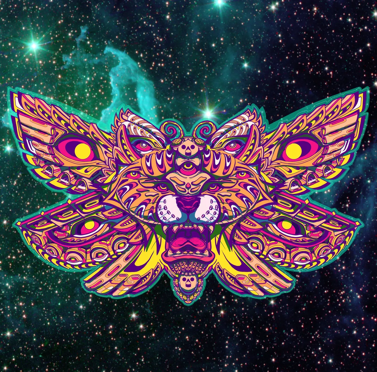 Symmetrical neon illustration of a psychedelic winged animal mask roaring against a starry space background
