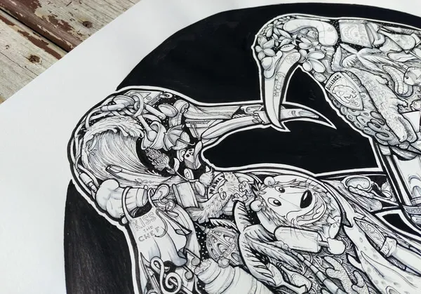 Black and white ink drawing of two bird heads filled with a dense collage of intricate doodles and hidden objects