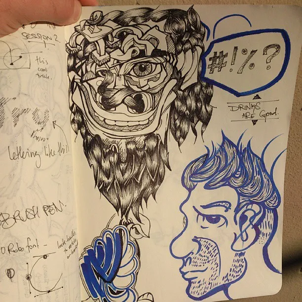 Sketchbook spread with ink drawings of a surreal bearded face, a blue profile portrait, and handwritten notes