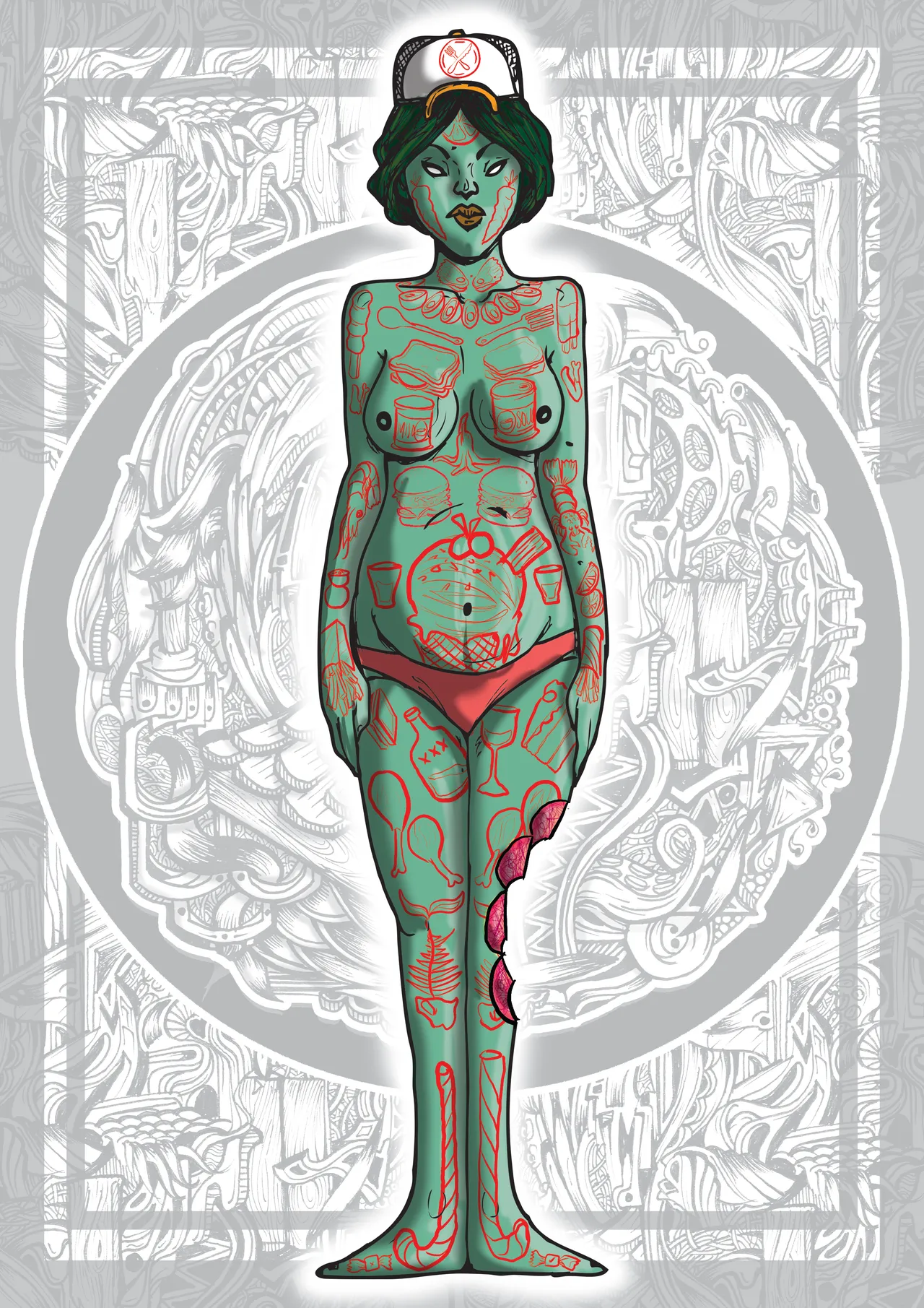 Illustration of a green woman with red food tattoos, a trucker hat, and a bitten thigh against a line art background