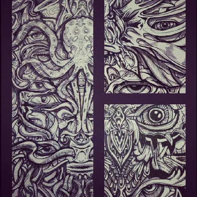 Psychedelic ink drawing of an octopus, multiple eyes, and intricate totemic patterns split across three panels