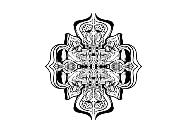 Black line drawing of a symmetrical mandala with bold outlines and abstract totemic patterns