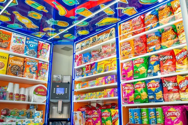 Illustrated blue ceiling wrap featuring cartoon food items inside a mobile convenience store stocked with snacks