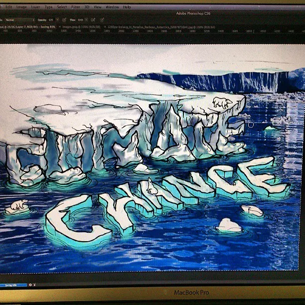Digital illustration in Photoshop of melting icebergs spelling CLIMATE CHANGE, with small polar bears on the ice