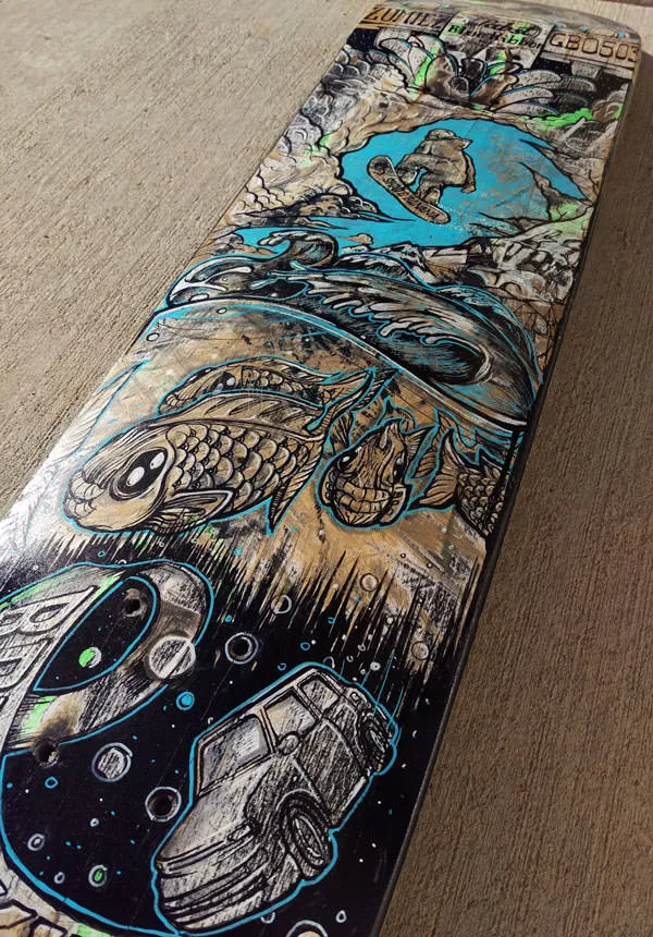 Close up of hand painted skateboard