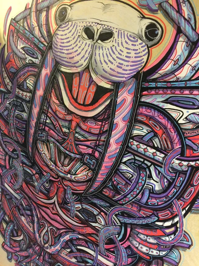 Intricate illustration of a psychedelic walrus mask with tusks, surrounded by dense pink and purple patterned lines