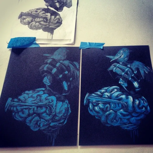 Three sketches on white and black paper depicting a bird wearing a mask perched on a brain pierced by a nail