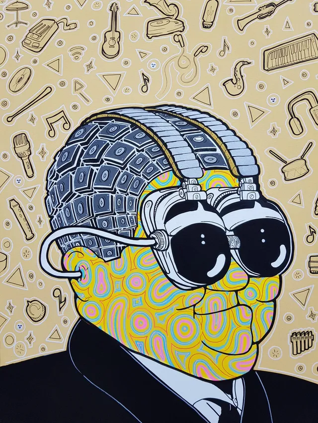 Illustration of a figure with psychedelic skin, a head of stacked speakers, and goggles amid floating music icons