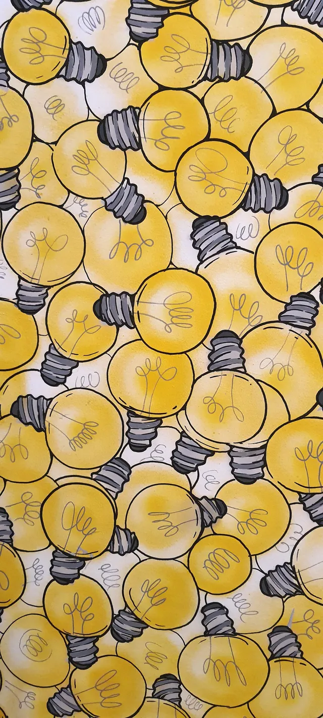 Illustration of overlapping yellow lightbulbs with bold black outlines and curly filaments