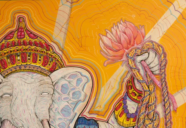 Crown jewels and lotus flower illustration close up of hindu god ganesh