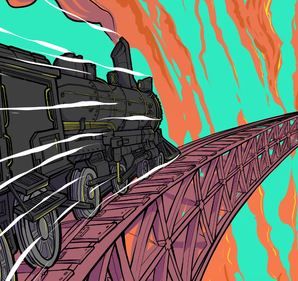 Graphic illustration of a steam train speeding along a trestle bridge against a vivid turquoise and orange sky
