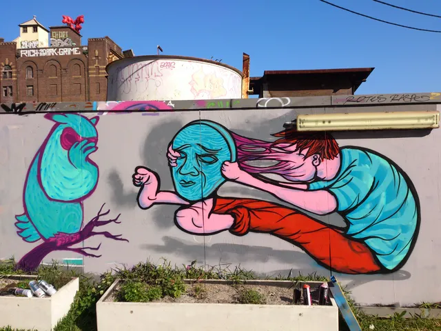 Mural of a figure pulling a blue mask off to reveal stretched pink flesh, beside a blue bird covering its eyes