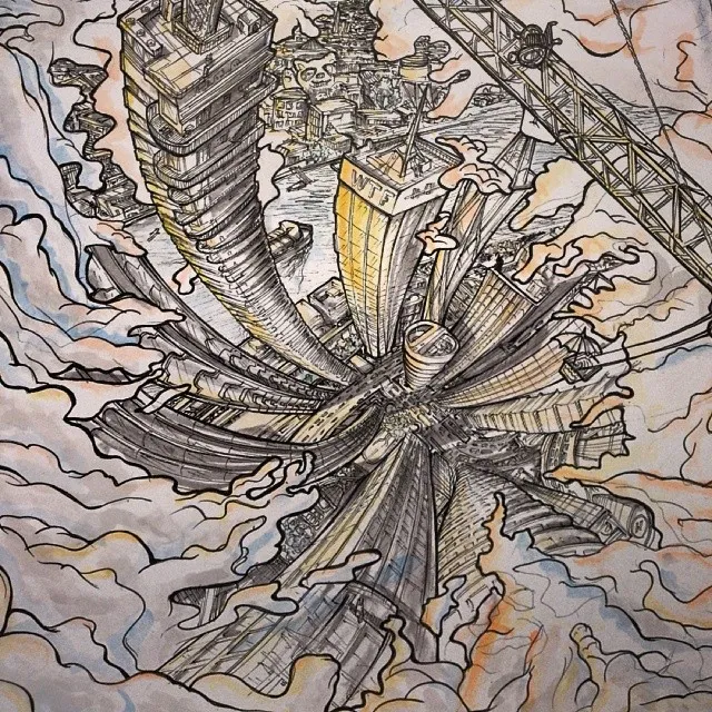 Ink drawing of a warped cityscape from a bird's-eye perspective, with curving skyscrapers and stylized clouds