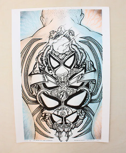 Art print of a bold ink illustration showing a muscular back with a symmetrical, biomechanical Spider-Man tattoo design
