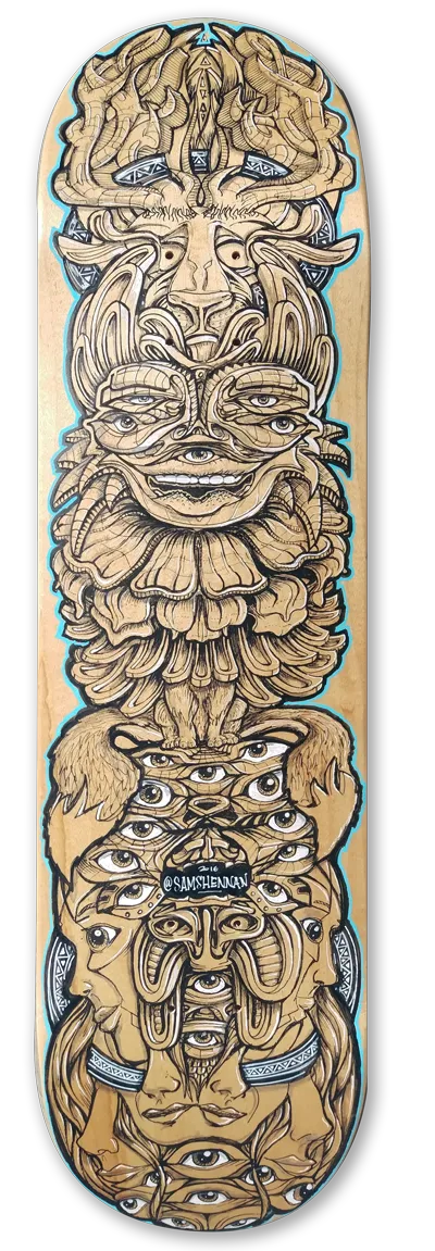 Hand-painted skateboard deck featuring a symmetrical totem of psychedelic multi-eyed faces and intricate linework