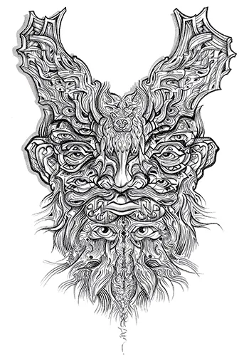 Black and white drawing of a symmetrical psychedelic mask featuring bold line work, swirling patterns and multiple eyes