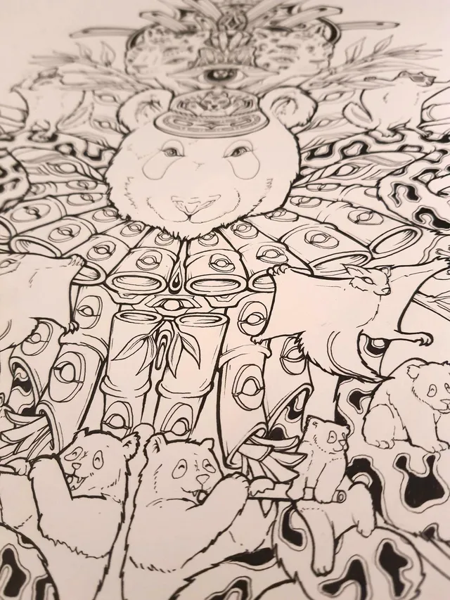 Ink drawing of a totemic panda shaman surrounded by bamboo with eyes, flying squirrels, and small pandas