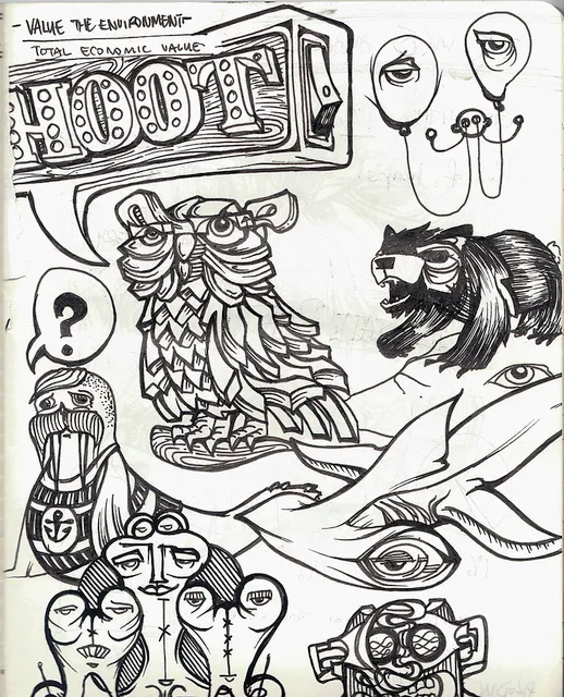 Ink sketchbook page featuring a geometric owl, a HOOT speech bubble, a sailor walrus, a bear, and abstract faces