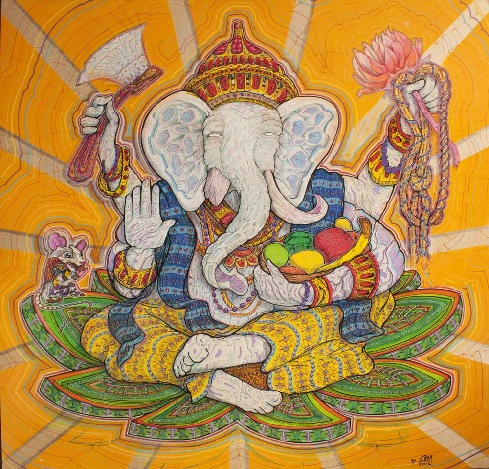 Ganesh illustration commissioned painting on wood board